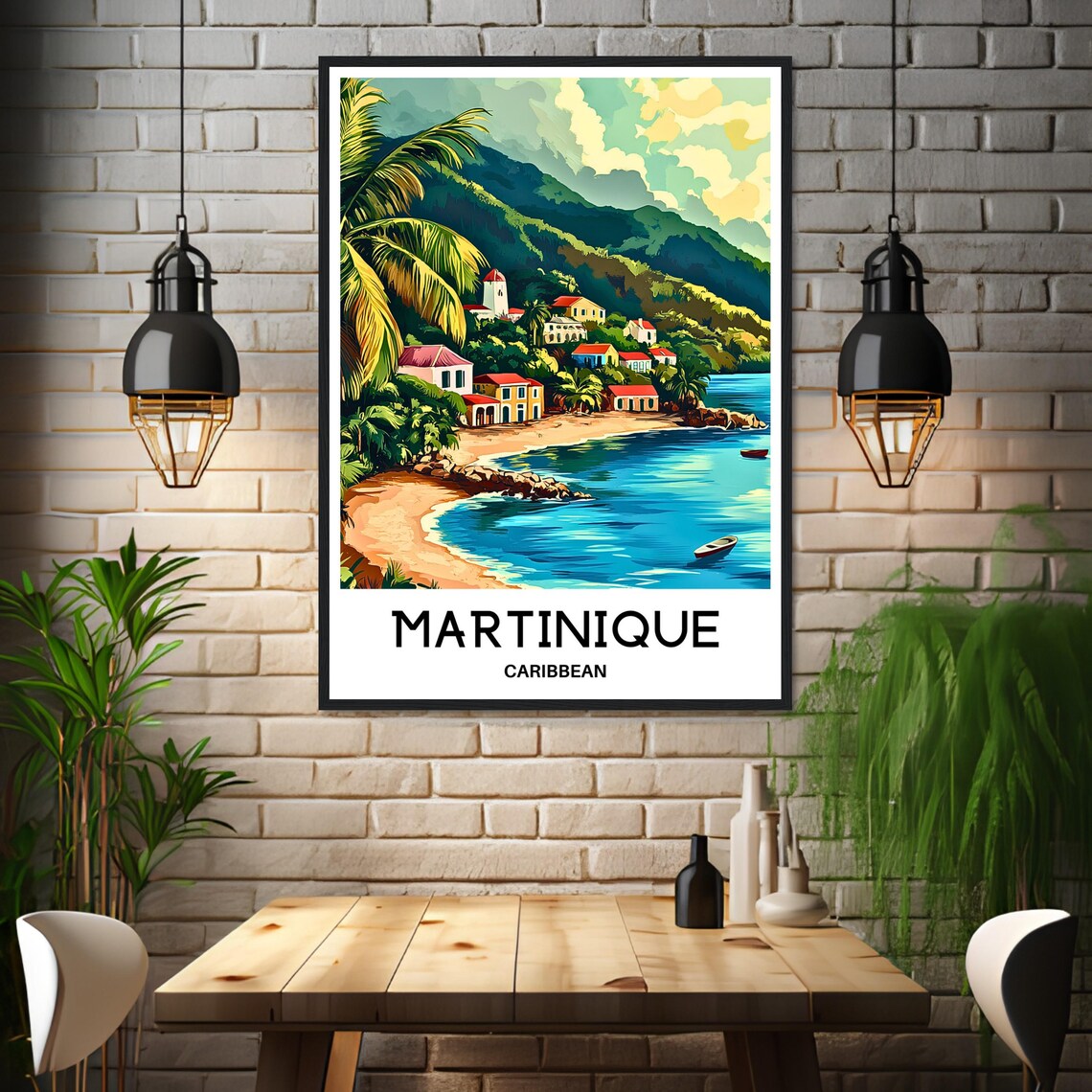 Martinique Caribbean Beach Village Palm Trees Tropical Travel Poster - Image 3