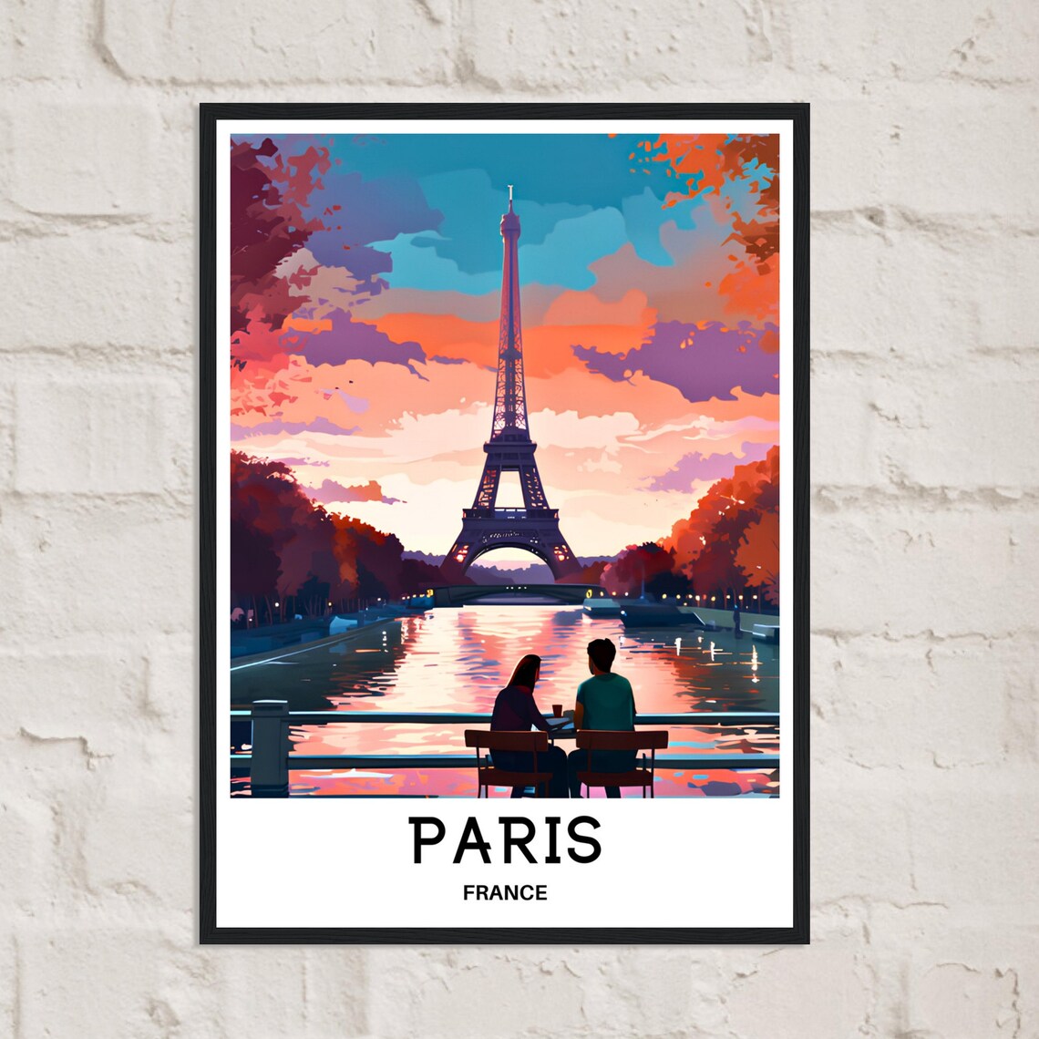 Paris France Eiffel Tower Sunset Couple by the Seine River Poster - Image 2