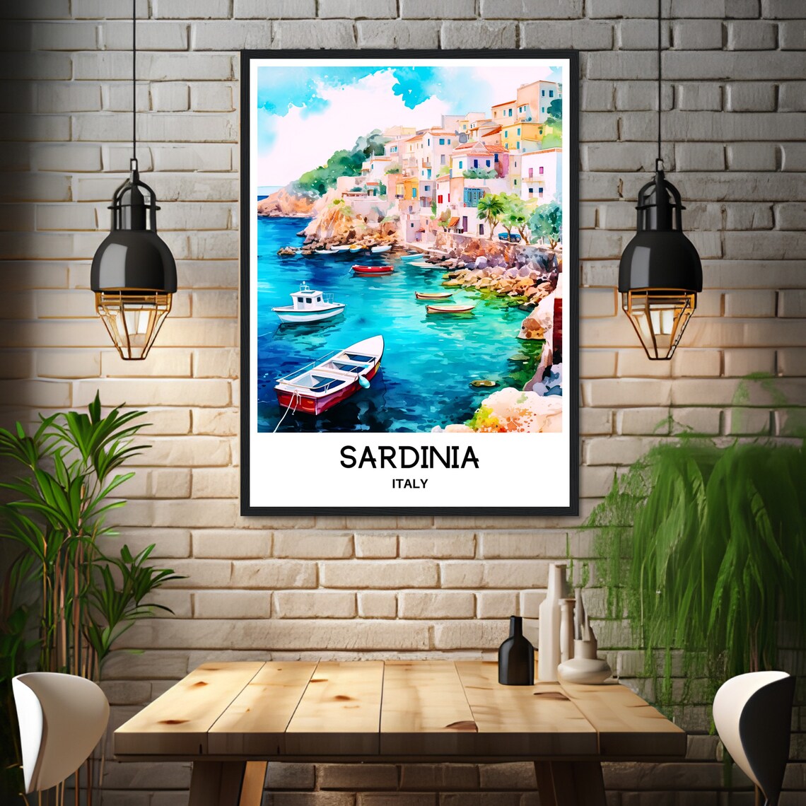 Sardinia Italy Watercolor Coastal Village Boats Harbor Travel Poster - Image 3