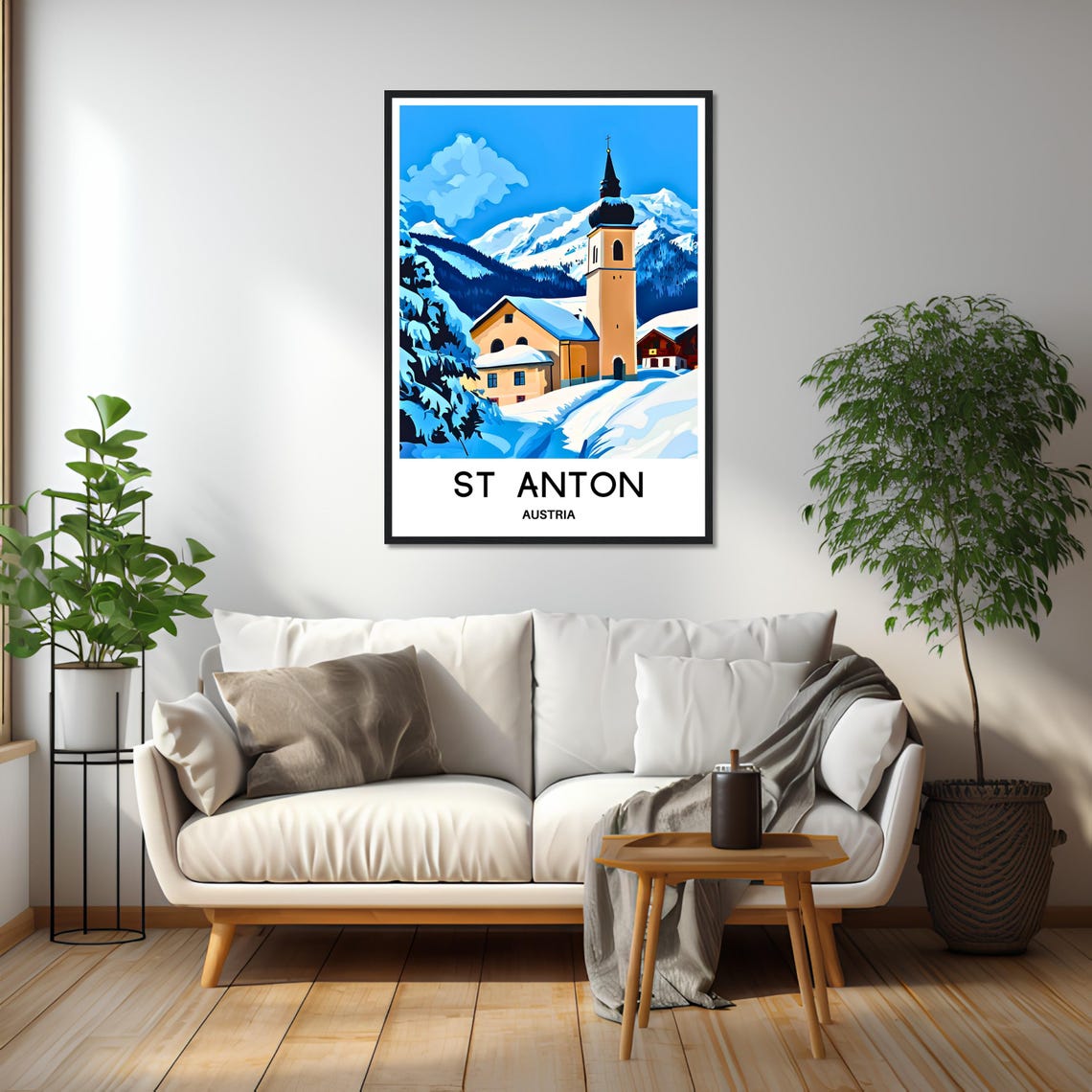 St Anton Austria Winter Snow Village Church Ski Travel Poster - Image 2
