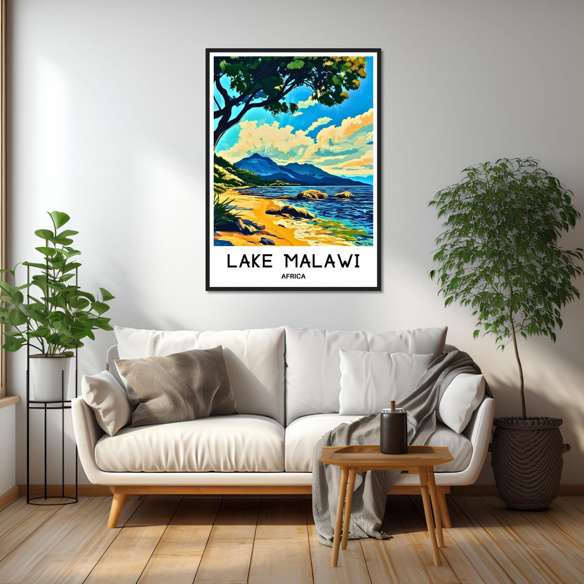 Lake Malawi Africa Golden Beach Palm Tree Mountain Shore Travel Poster - Image 2