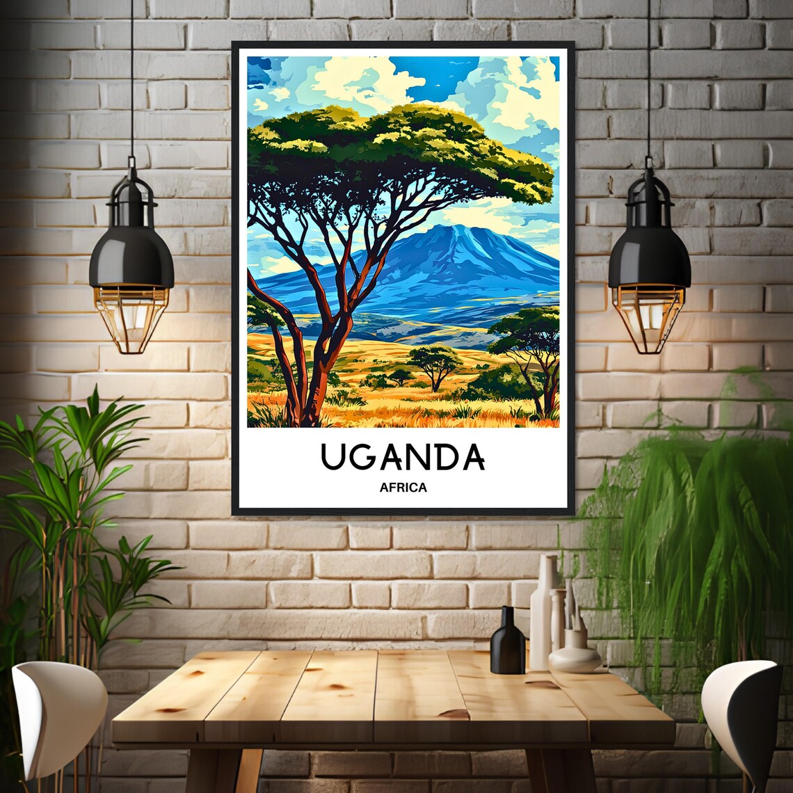 Uganda Africa Acacia Trees Savanna Mountain Landscape Travel Poster - Image 3