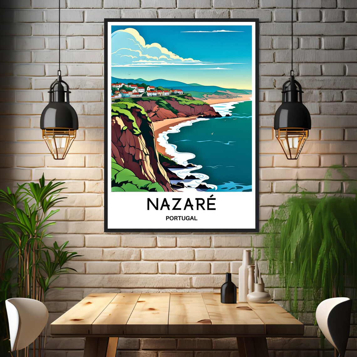 Nazare Portugal Clifftop Coastal Beach Vintage Travel Poster - Image 3