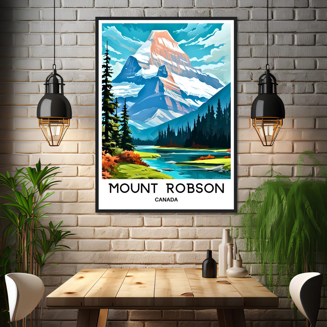 Mount Robson Canada Snowy Glacier Peak Lakeside Illustration Poster - Image 3