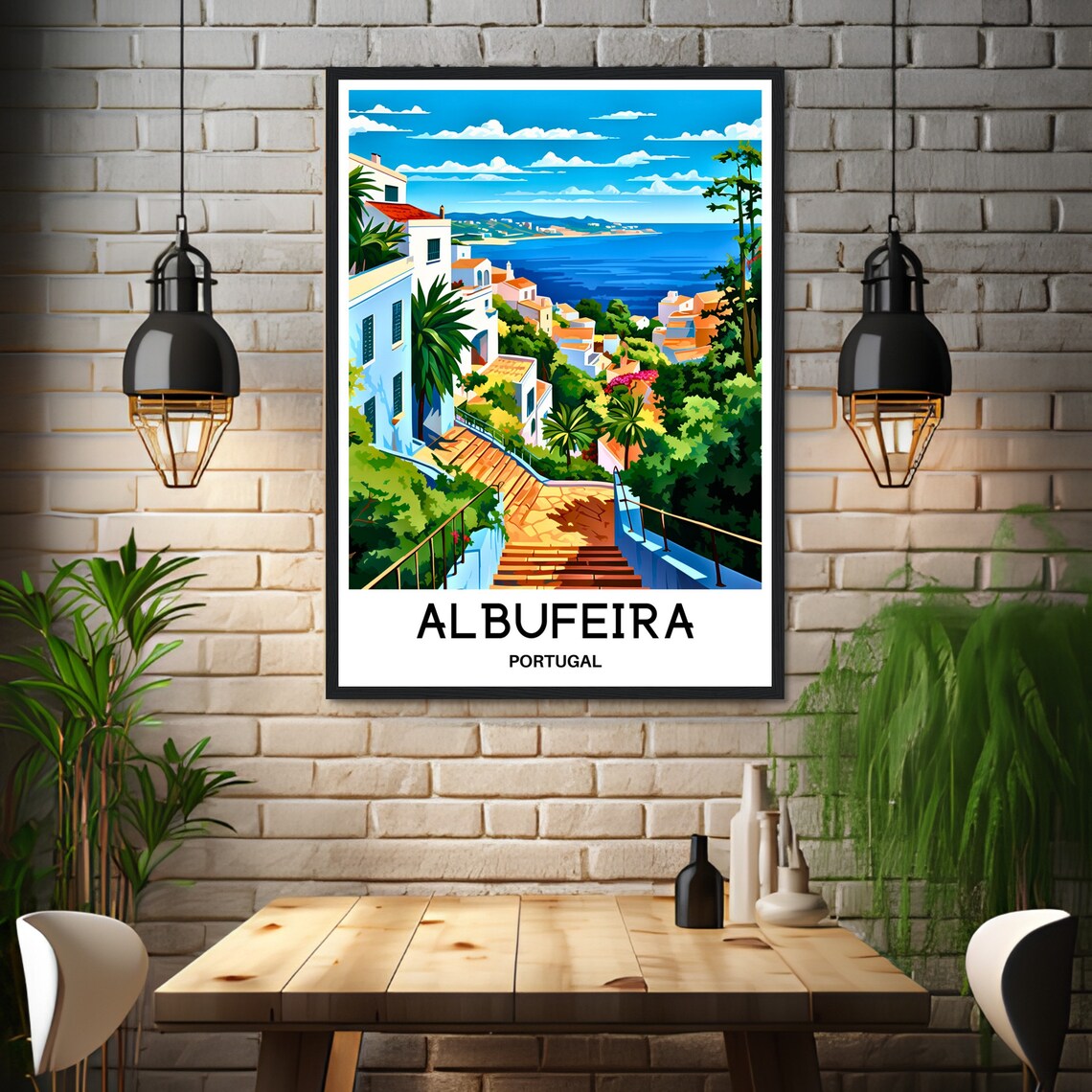 Albufeira Portugal Stairway Down to the Sea View Travel Poster - Image 3
