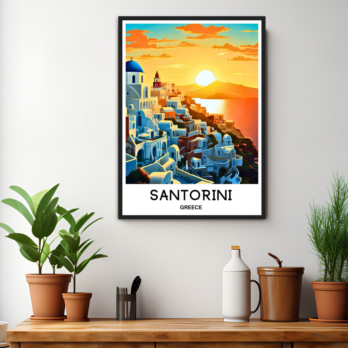 Santorini Greece Oia Village Fiery Sunset Aegean Sea Travel Poster - Image 2