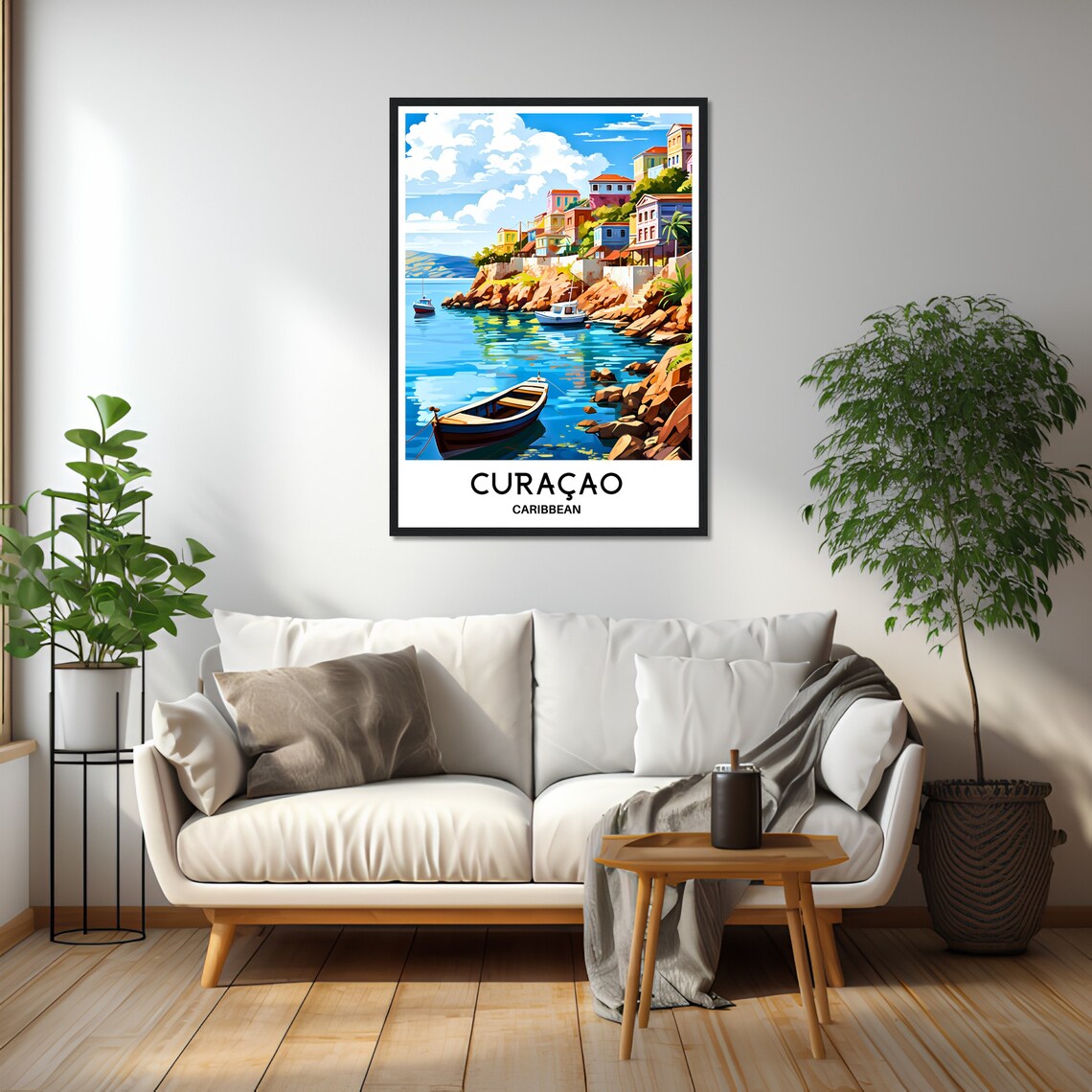 Curacao Caribbean Colorful Hillside Harbor Boats Island Travel Poster - Image 2