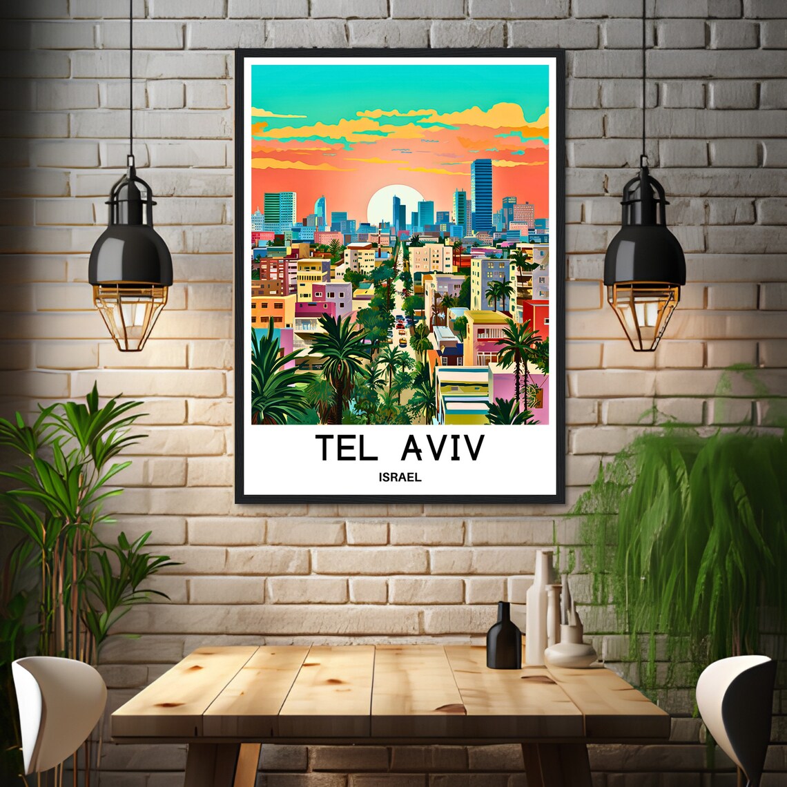 Tel Aviv Israel Sunset Skyline With Palm Trees Travel Poster - Image 3