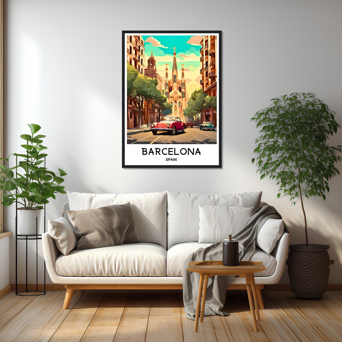Barcelona Spain Sagrada Familia Classic Red Car Street Travel Poster - Image 2