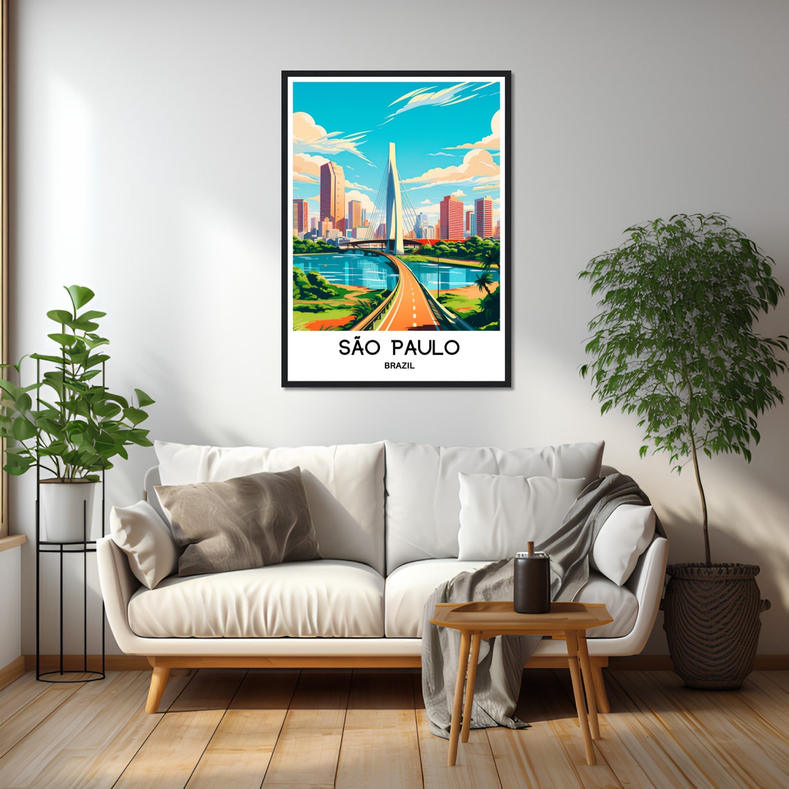 São Paulo Brazil Modern Cable Bridge City Skyline Travel Poster - Image 2