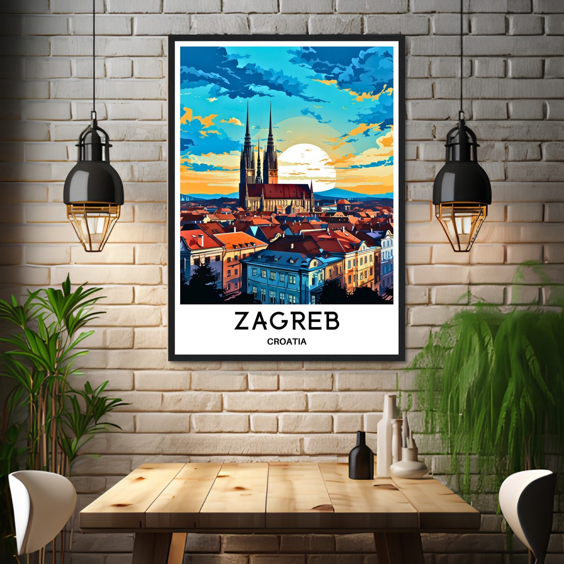 Zagreb Cathedral Sunset Skyline Croatia Illustrated Travel Art Poster - Image 3