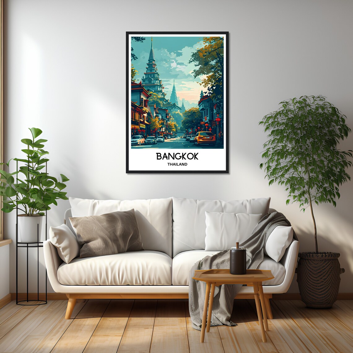 Bangkok Thailand Temple Spire Street Lanterns Taxis Travel Poster - Image 2
