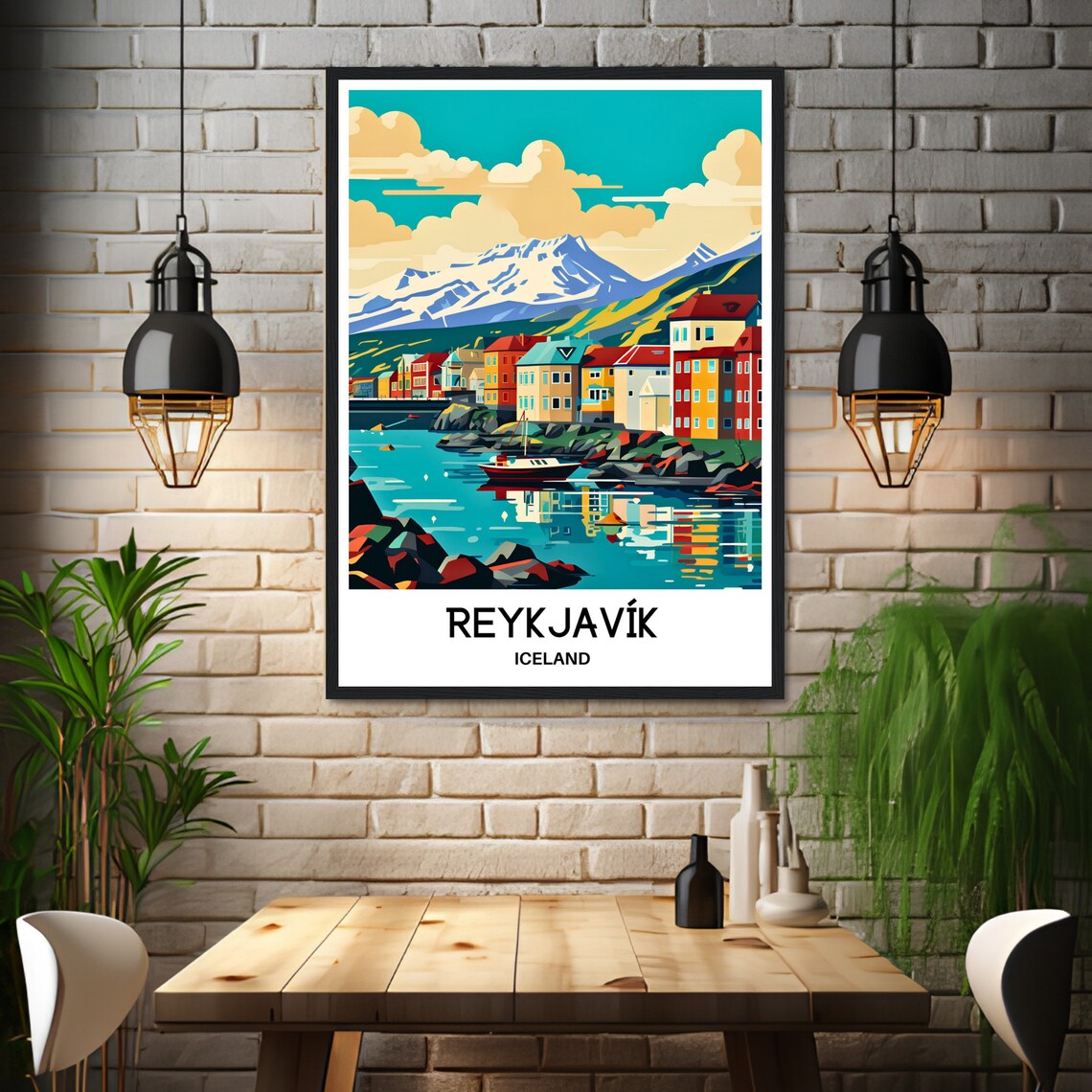Reykjavik Iceland Colorful Harbour Boats Mountain View Poster - Image 3