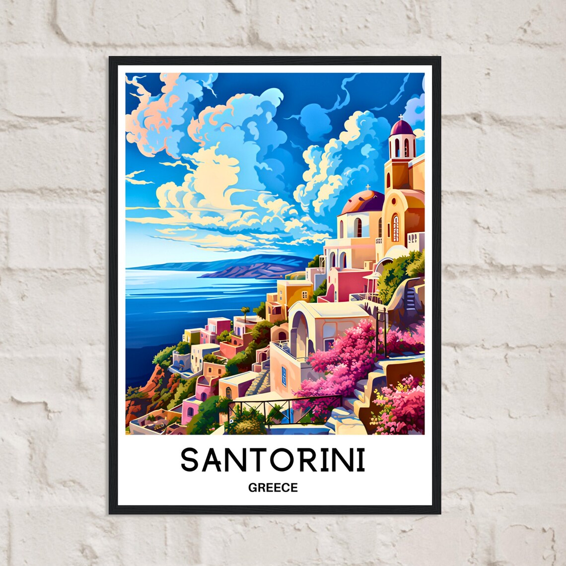 Santorini Greece Pastel Village Bougainvillea Caldera View Poster - Image 3