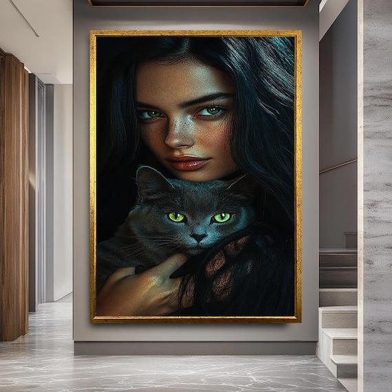 Mystical Woman Holding Green-Eyed Black Cat Fantasy Art Poster