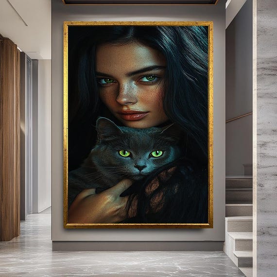 Mystical Woman With Greeneyed Cat Canvas Print Gothic Fantasy Wall Art