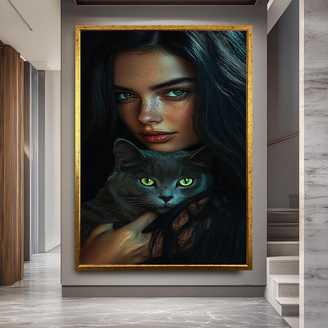 Mystical Woman Holding Green-Eyed Black Cat Fantasy Art Poster
