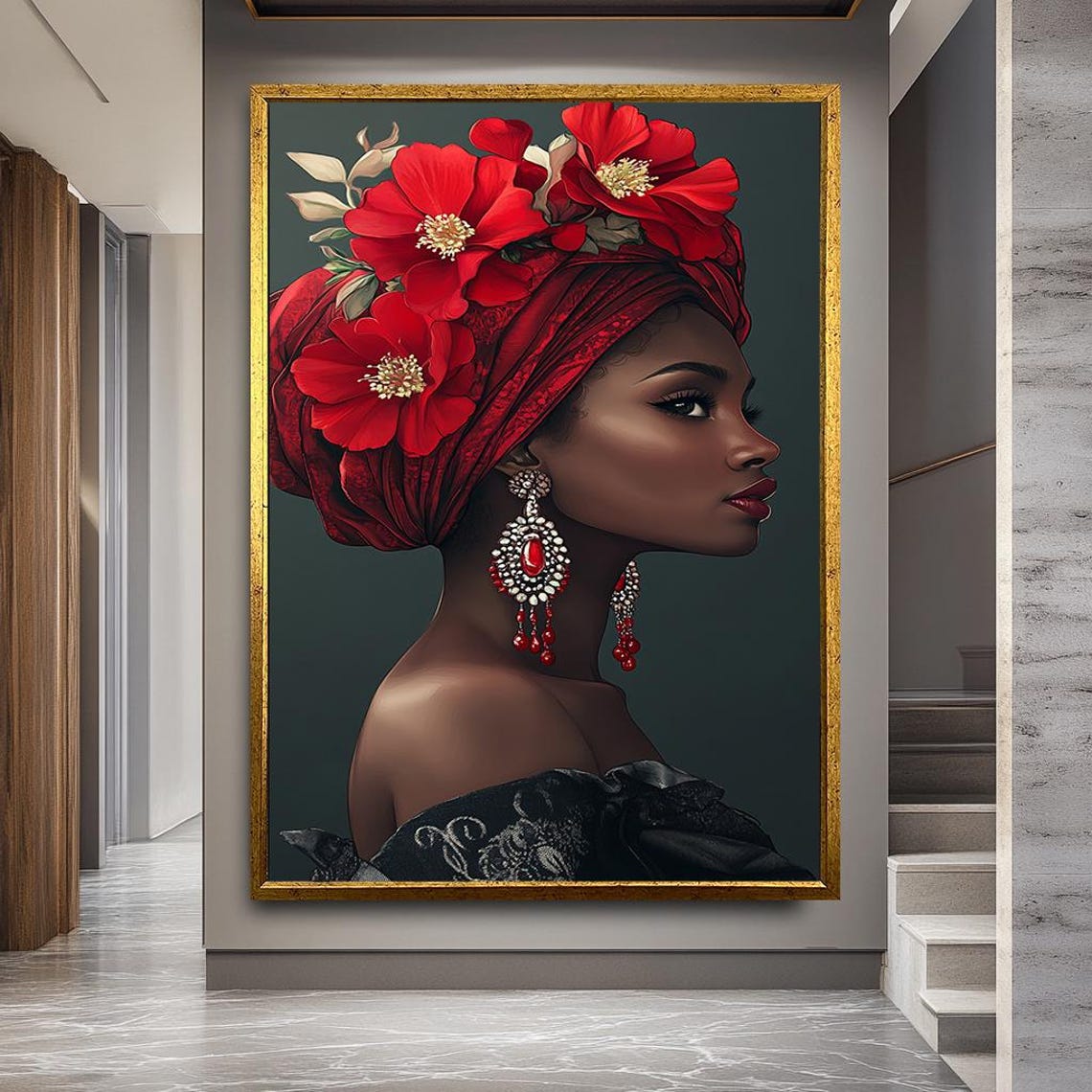 African Woman Red Floral Headwrap Elegant Profile Portrait Art Poster
