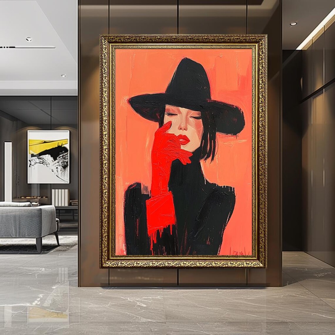 Abstract Woman Portrait Canvas Art Modern Lady In Black Hat