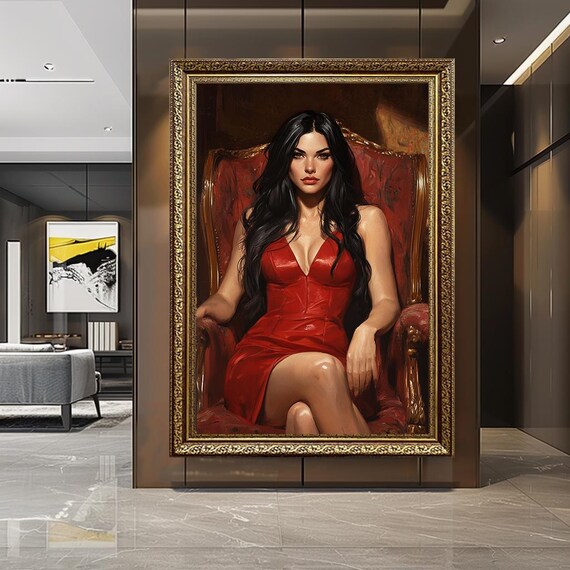 Elegant Woman In Red Dress Canvas Art Sensual Female Portrait