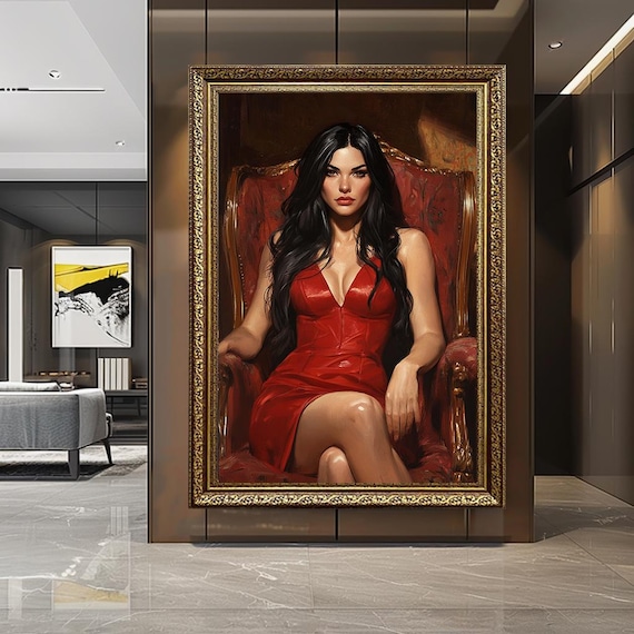 Elegant Woman In Red Dress Seated On Armchair Portrait Painting Poster