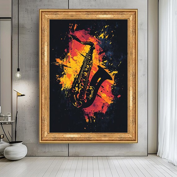 Burning Saxophone Blazing On Black Dramatic Jazz Music Canvas Poster