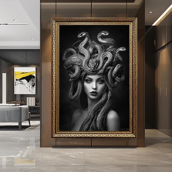 Dark Medusa Portrait with Snakes Gothic Fantasy Black and Gold Canvas Poster