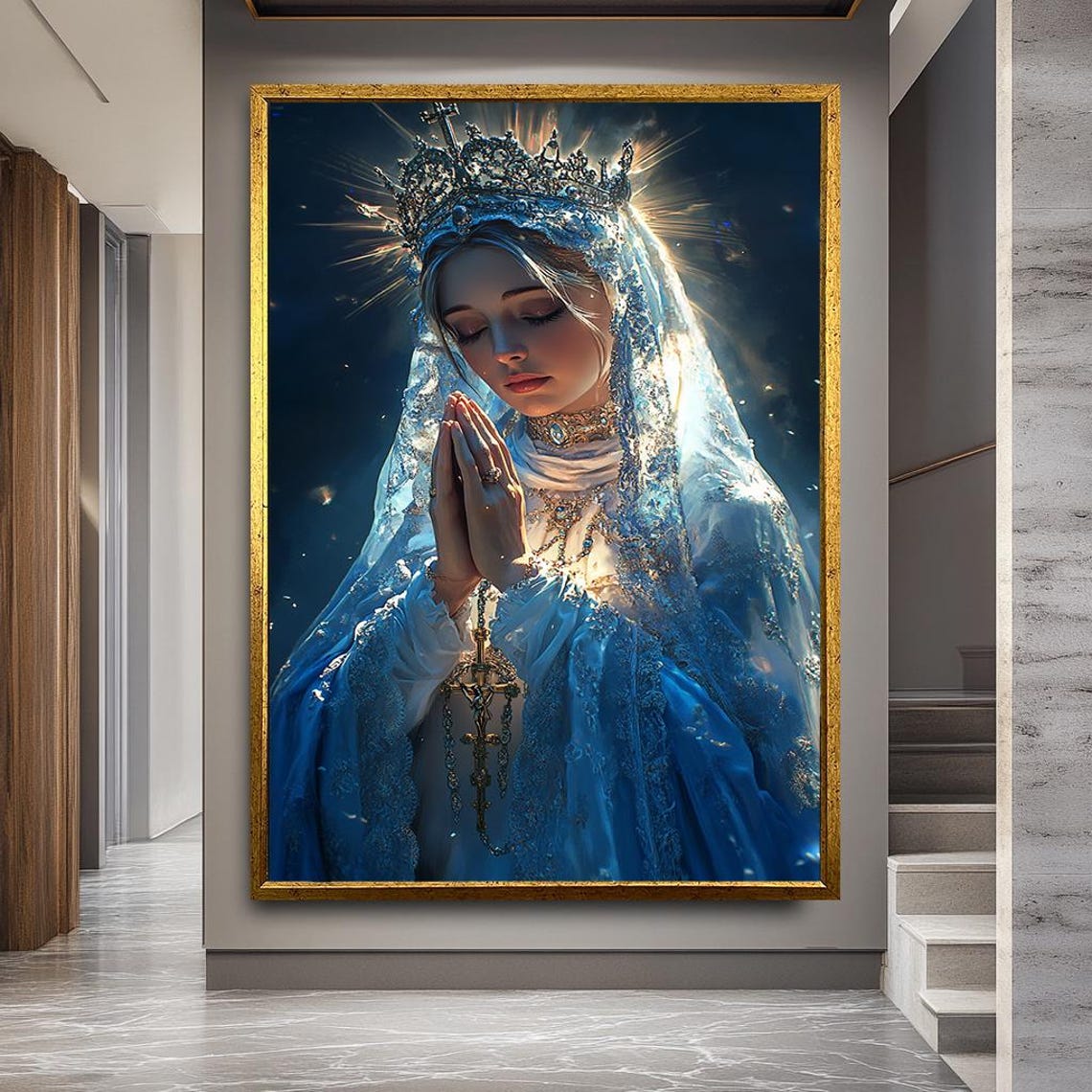 Crowned Virgin Mary In Blue Shimmering Robe Praying Catholic Poster