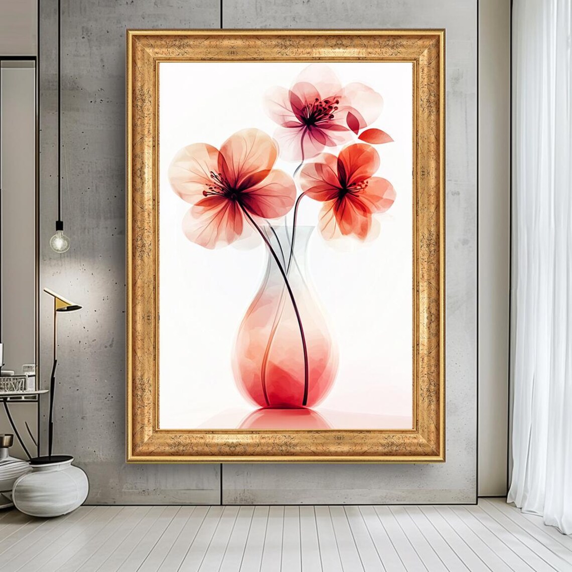 Blush Red Blossoms in Glass Vase Minimal Watercolor Floral Print