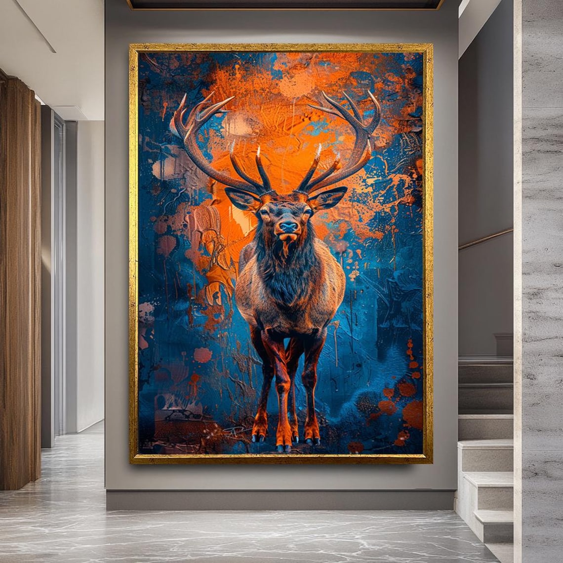 Majestic Elk Antlers Orange Blue Abstract Wildlife Art Poster