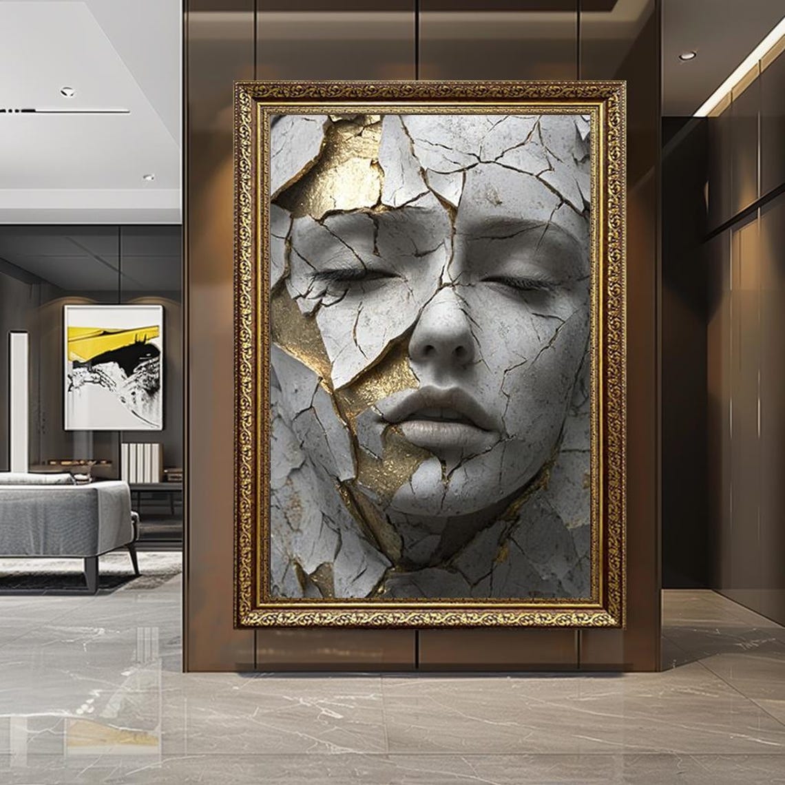 Kintsugi Cracked Marble Face With Gold Repair Abstract Portrait Poster