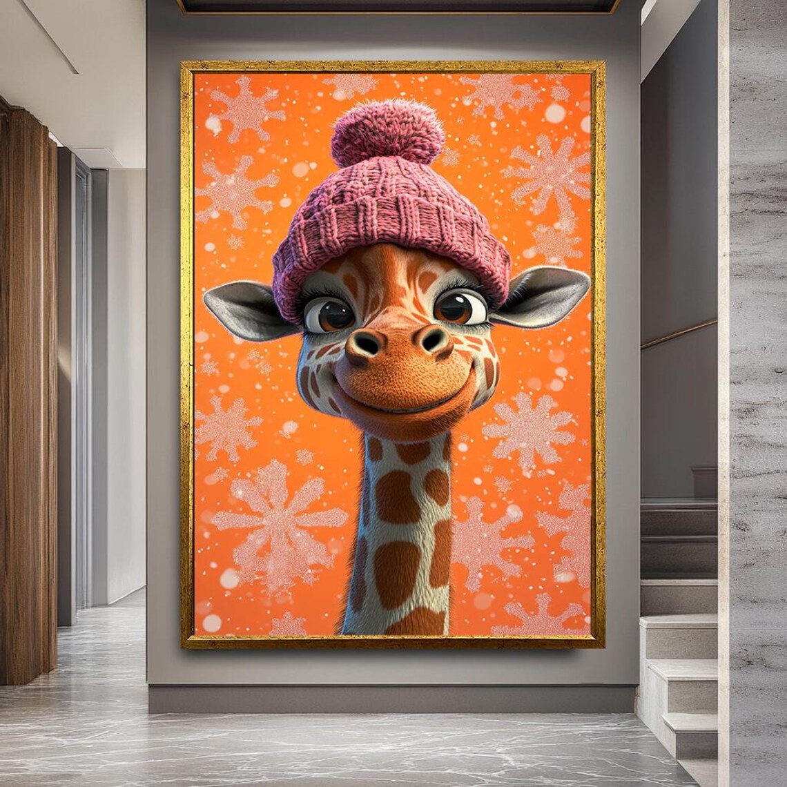 Baby Giraffe Pink Knit Hat Snowy Orange Background Kids Art Poster