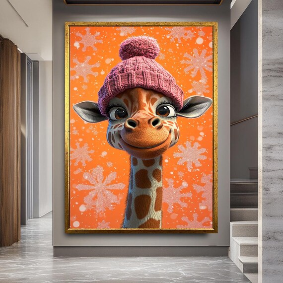 Baby Giraffe Pink Knit Hat Snowy Orange Background Kids Art Poster
