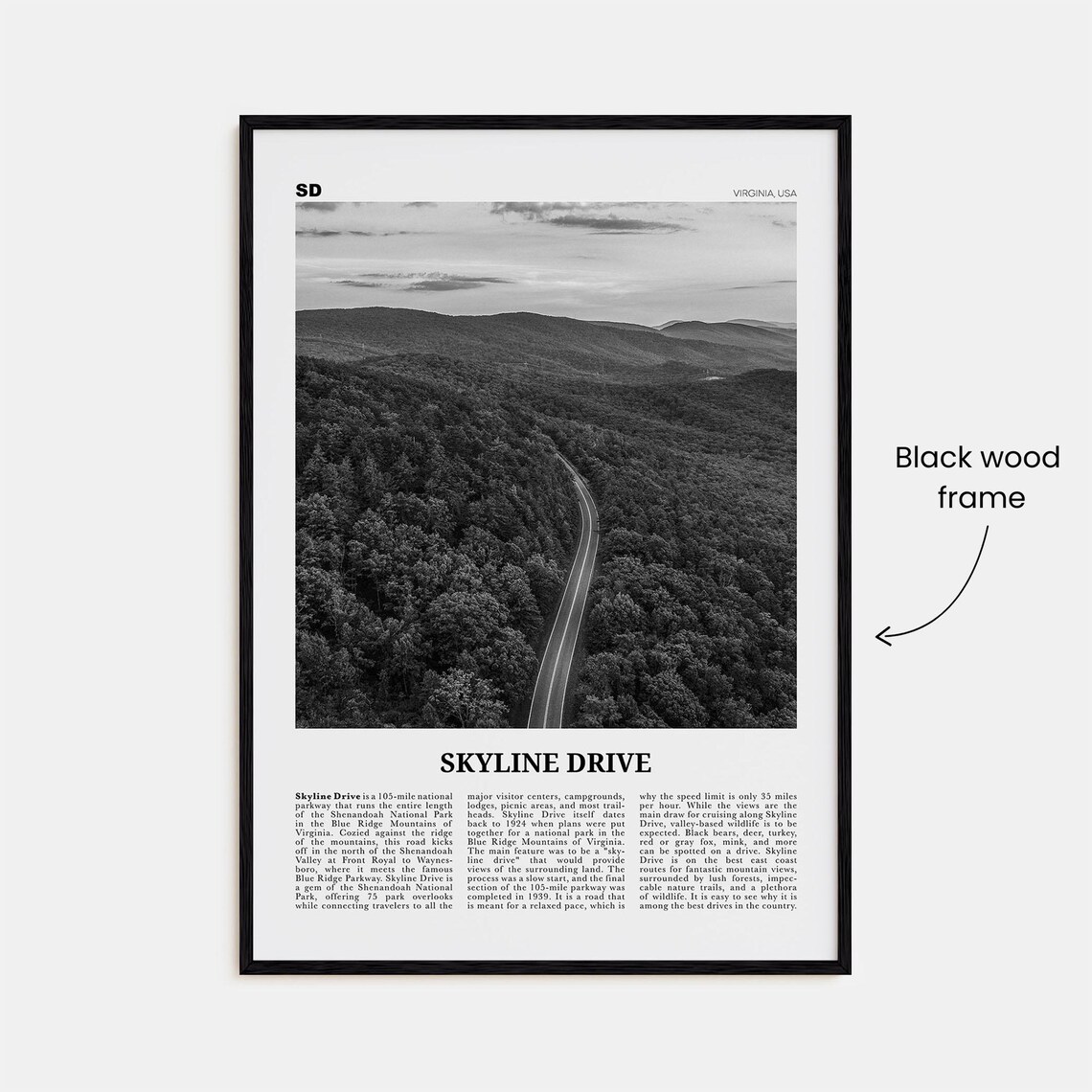 Skyline Drive Black and White Travel Poster Map - Image 3