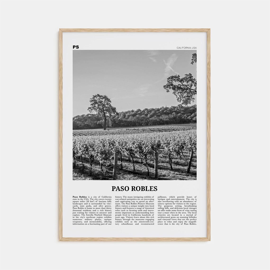 Paso Robles Black and White Map Art Print, California