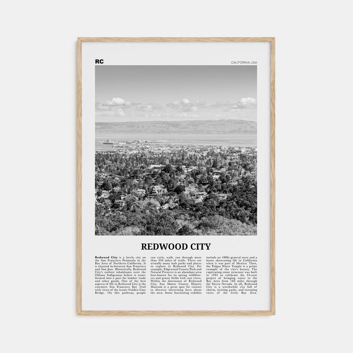 Redwood City Black and White Travel Poster