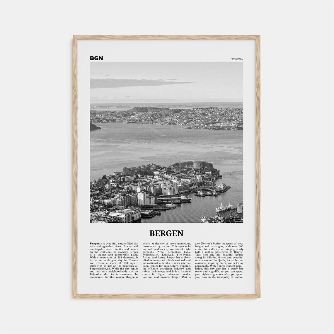 Bergen Black and White Travel Poster, Norway Europe