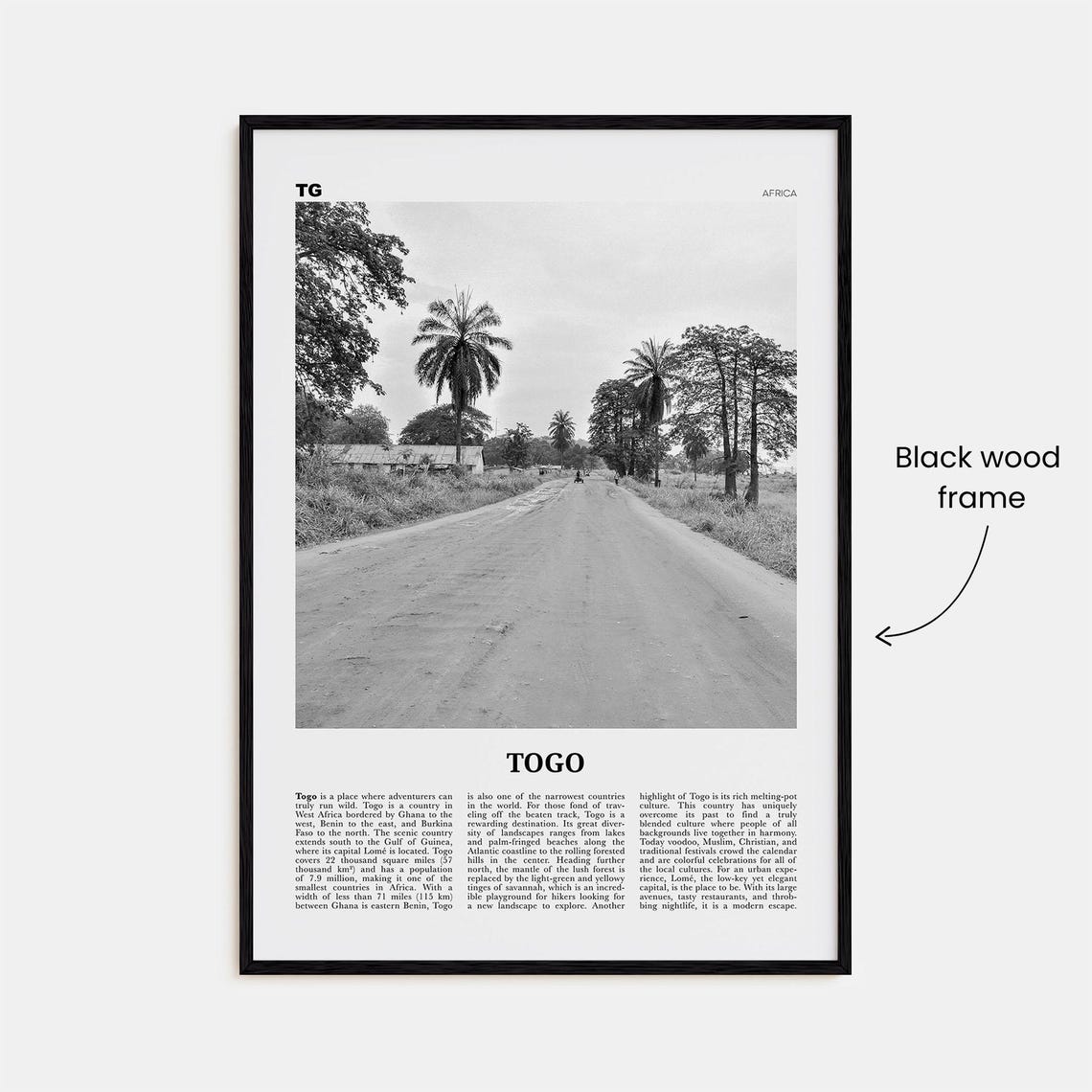 Togo Black and White Map Art Print, Lomé Africa - Image 3