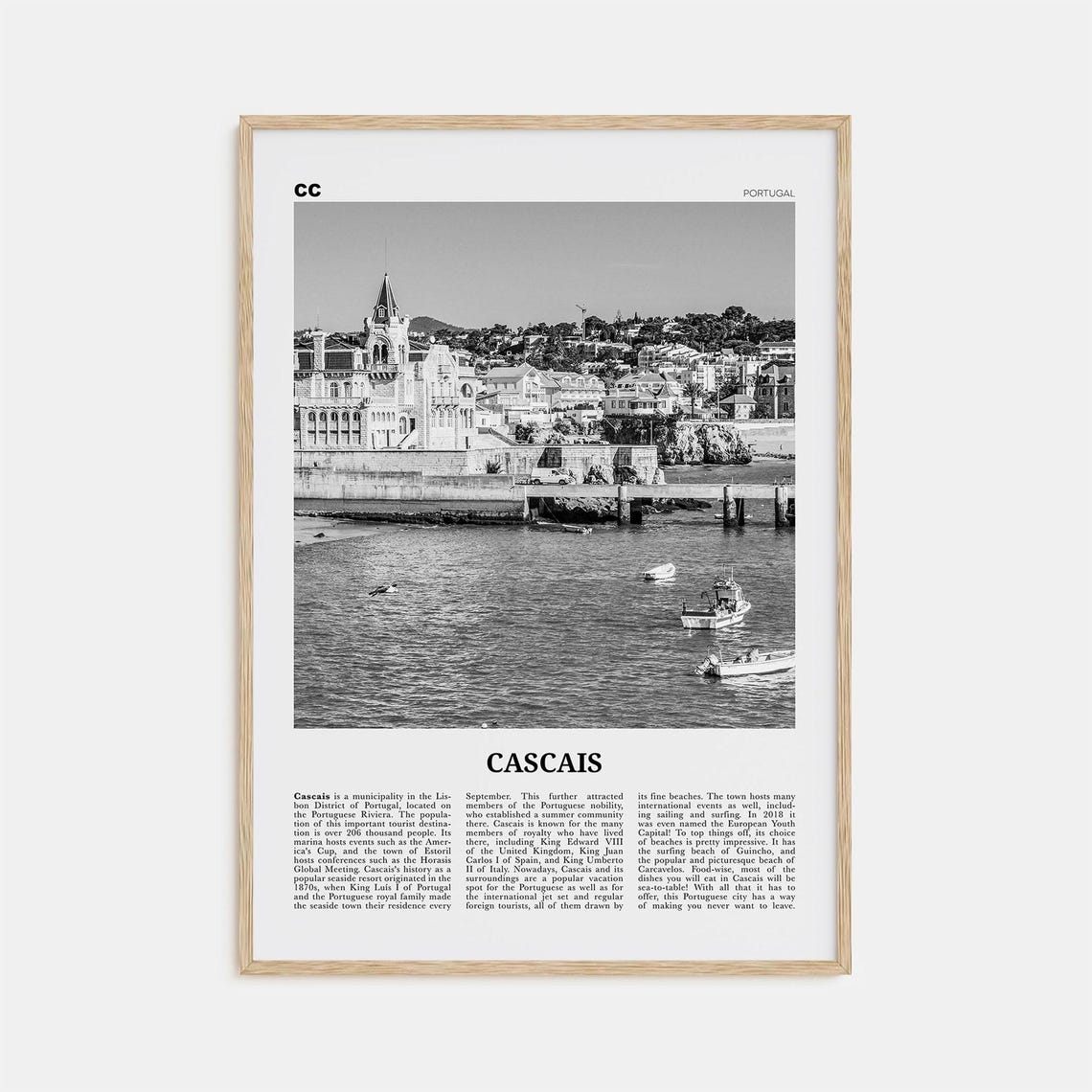 Cascais Black and White Travel Poster, Portugal
