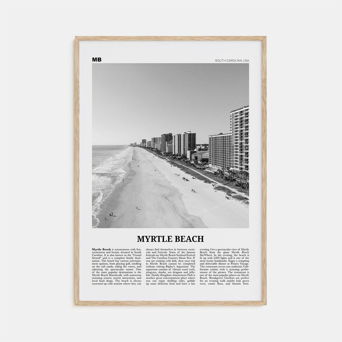 Myrtle Beach Black and White Travel Poster, South Carolina