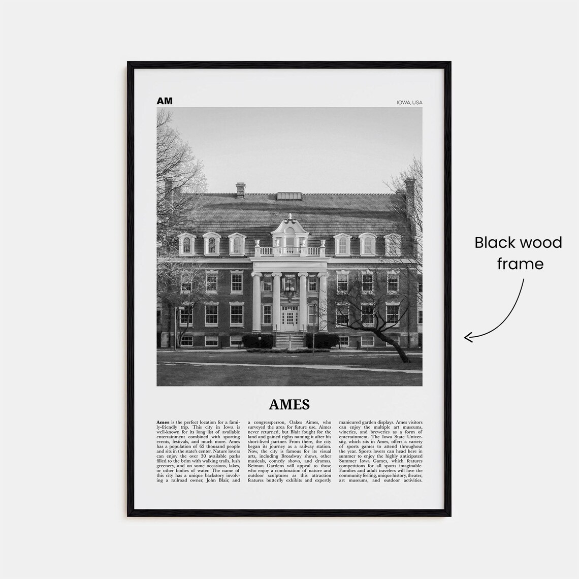 Ames Black and White Map Wall Art Print, Iowa USA - Image 3
