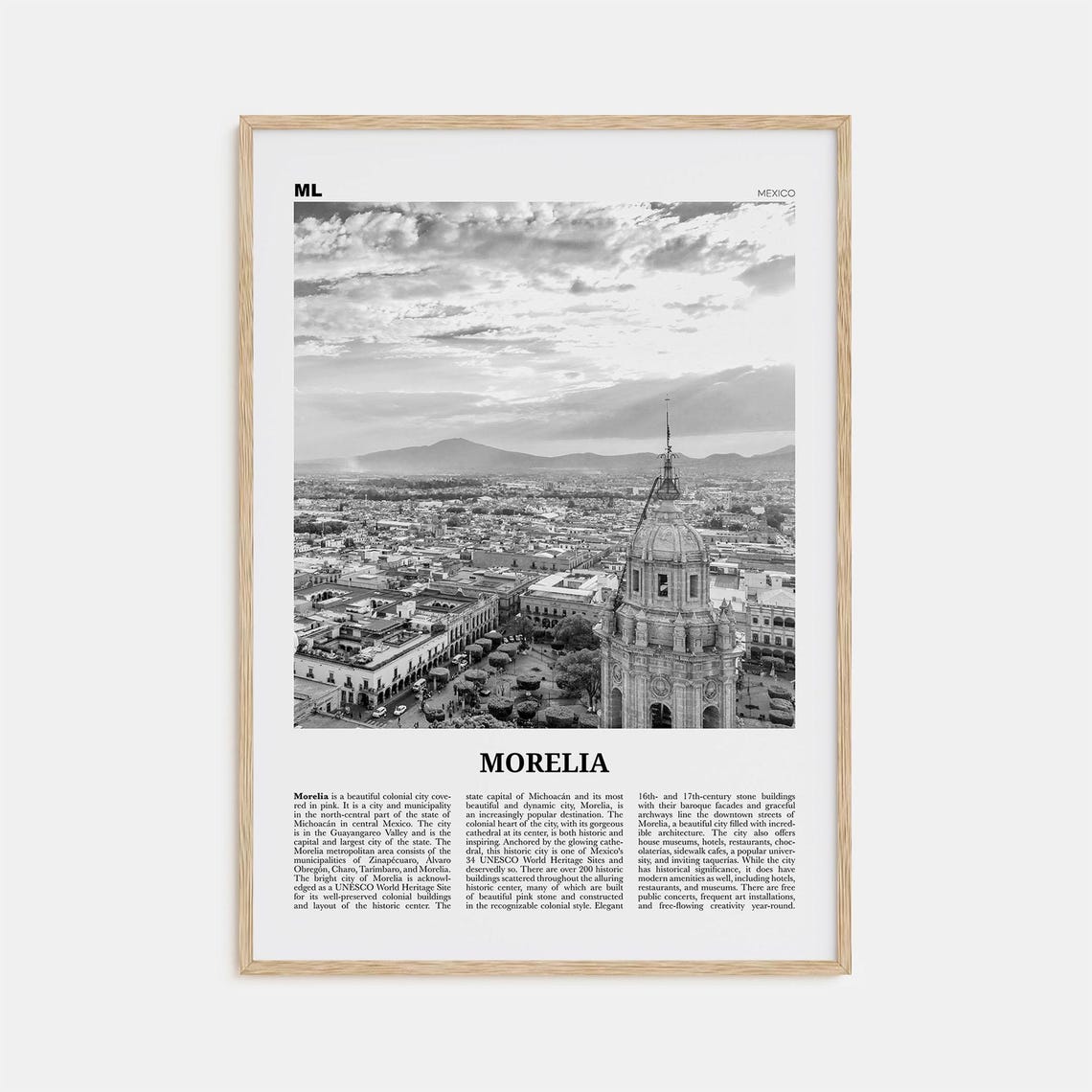 Morelia Black and White Travel Poster, Mexico