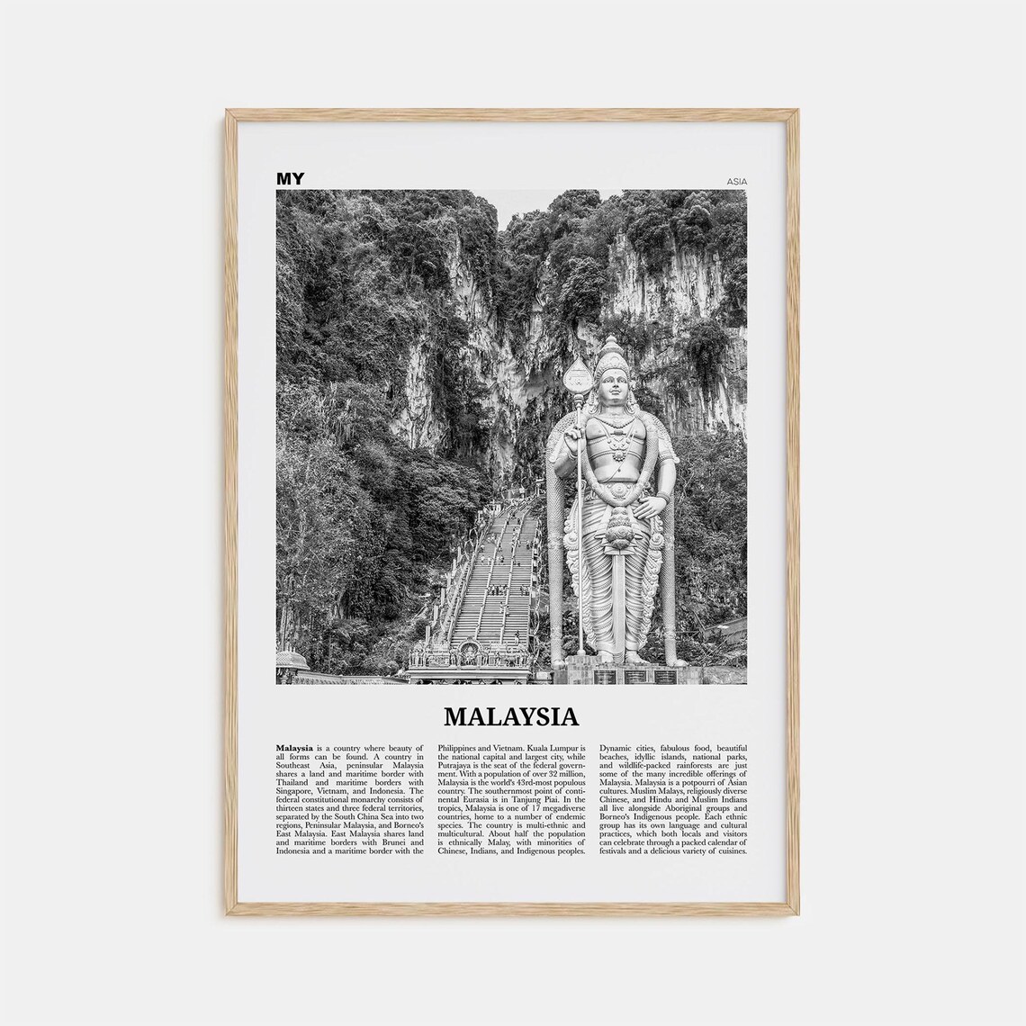 Malaysia Black and White Travel Poster, Kuala Lumpur