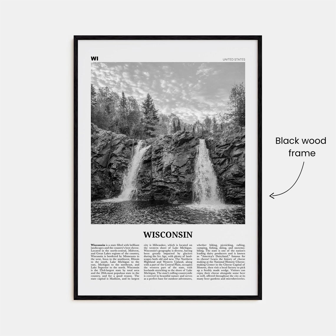Wisconsin Black and White Travel Map Art Print - Image 3