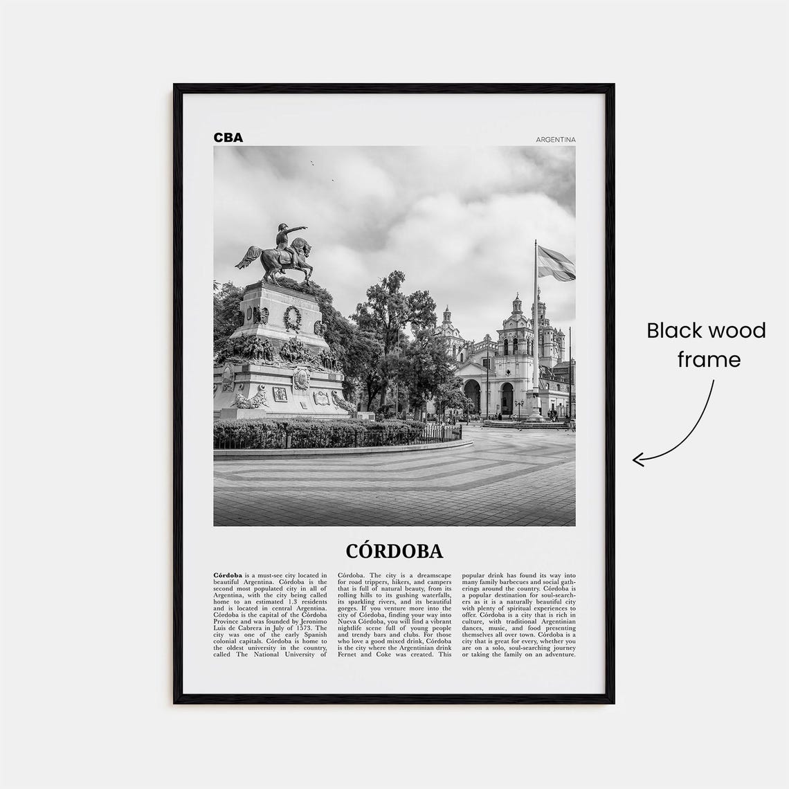 Cordoba, Argentina Black and White Travel Poster - Image 3
