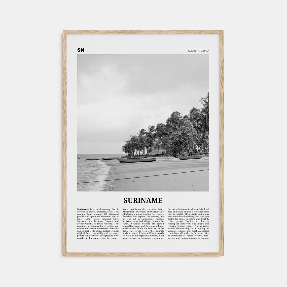 Suriname Black and White Travel Map Art Print