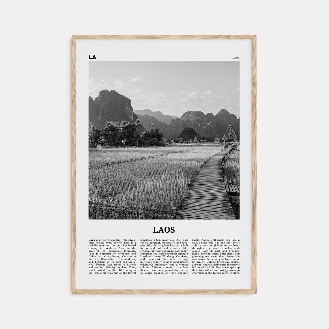 Laos Black and White Travel Poster, Vientiane Asia
