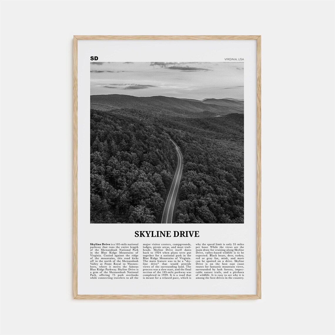 Skyline Drive Black and White Travel Poster Map