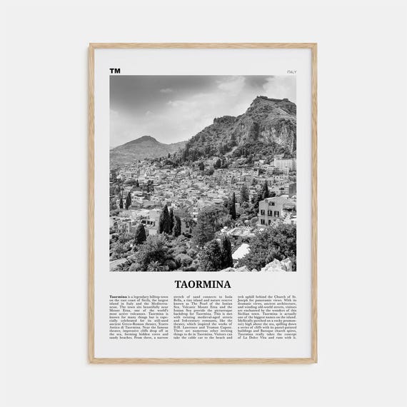 Taormina Map Italy Travel Poster, Black and White