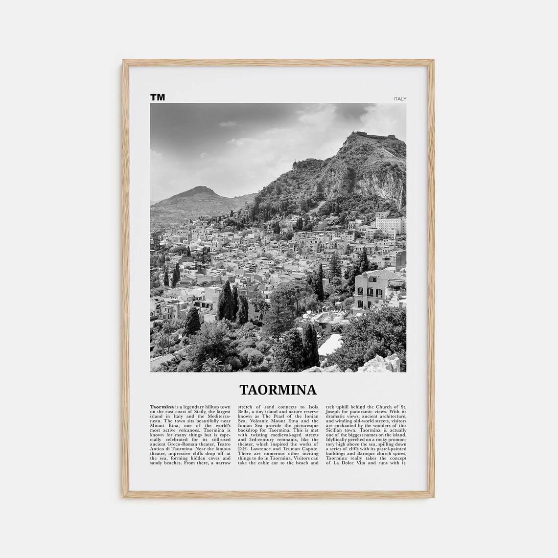 Taormina Map Italy Travel Poster, Black and White
